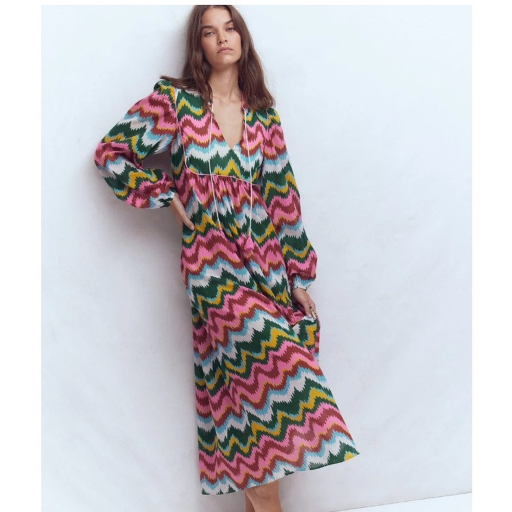 Boden Chevron Zigzag Maxi Dress Pink Green Yellow Tassel Tie US 8R NEW - Picture 9 of 13